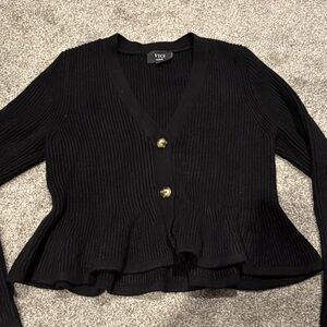 Vici Black Ribbed Peplum Button Cardigan with Gold Buttons